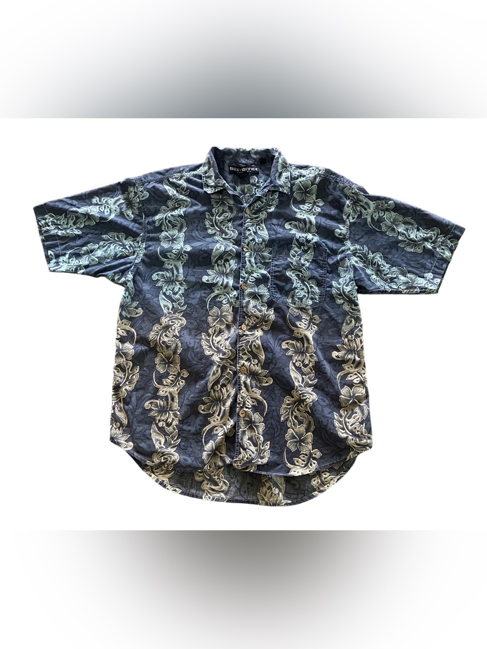 Box Office Vintage Blue Hawaiian Floral Button Down Shirt Large